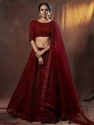 Soft Net Lehenga Choli with All-Over Mango Bail Butta Sequins-Thread Work and Dupatta