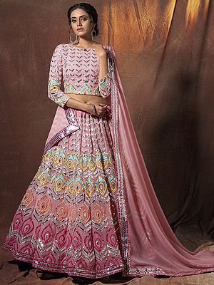 Pink Georgette Lehenga Choli With Chevron Pattern Gota Work And Multicolor Resham, Zari Embroidery