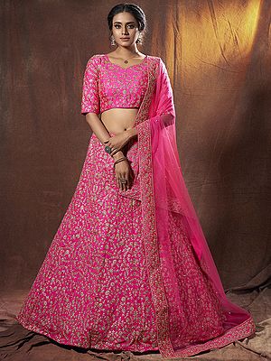 Pink Art Silk Lehenga Choli With All-Over Dori Embroidered Bail Butta And Soft Net Dupatta