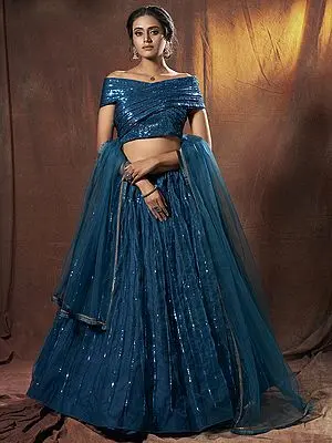 Teal-Blue Soft Net Bridal A-Line Lehenga With Sequins Work Designer Choli And Resham Edge Dupatta