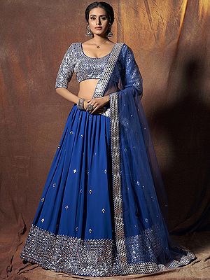 Blue Georgette Embellished Lehenga Choli With Mirror-Mukaish Work And Soft Net Dupatta