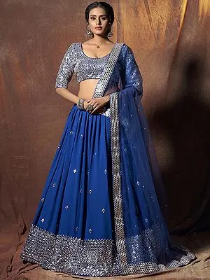 Blue Georgette Embellished Lehenga Choli With Mirror-Mukaish Work And Soft Net Dupatta
