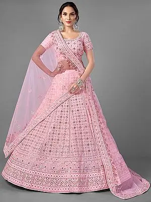 Pink Georgette Chakra-Chowkadi Motif Lehenga Choli with Sequins, Foil Mirror Work and Soft Net Dupatta