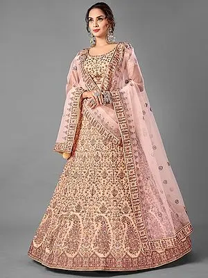Peach Georgette Mango-Bail Motif Lehenga Choli With Heavy Thread Embroidery And Soft Net Dupatta