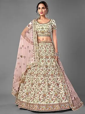 White Georgette All-Over Floral Thread Embroidered Lehenga Choli With Soft Net Dupatta