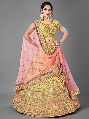 Yellow Georgette Intricate Thread Embroidered Bridal Lehenga Choli With Soft Net Pink Dupatta