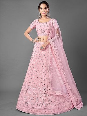 Pink Georgette Chakra Pattern Lehenga Choli with Thread-Foil Mirror Work and Soft Net Dupatta