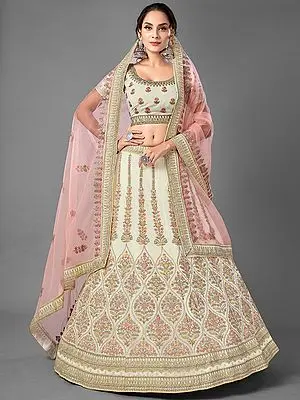 White Georgette Kalpavriksha Motif Lehenga Choli with Dori, Thread, Zari Embroidery and Soft Net Dupatta