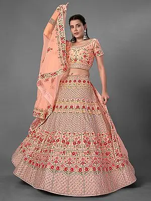 Peach Art Silk Mughal Floral Motif Lehenga Choli with Thread, Gota, Dori, Zarkan Work and Soft Net Dupatta
