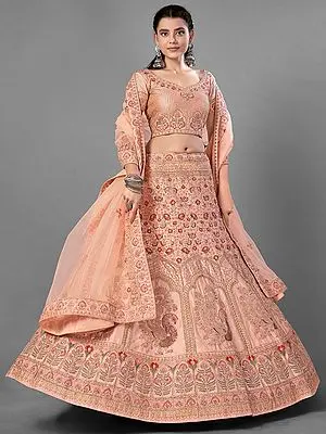 Peach Satin Peacock-Floral Embellished Lehenga Choli with Thread, Sequins, Dori, Zarkan Work and Soft Net Dupatta