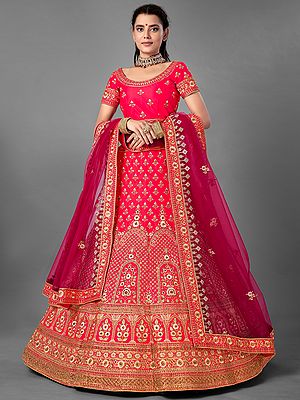 Satin Lehenga Choli with Thread, Dori, Zarkan Embellished Floral Mughal Motif and Soft Net Dupatta