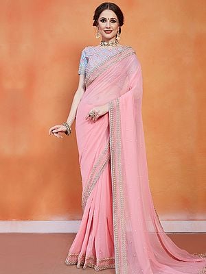Baby-Pink Georgette Embroidered Border Saree With Grey Banglori Silk Chowkadi Motif Blouse And Thread-Pearl Work