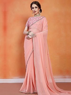 Peach Georgette Designer Saree with Banglori Silk Floral Pattern Blouse and Thread-Zari Work