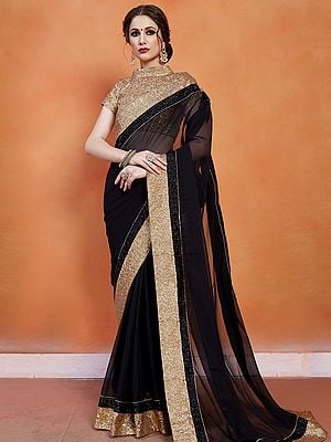 Black Georgette Golden Border Saree With Gota Blouse And Beautiful Sequins Work