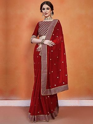 Red Georgette Chakra Pattern Sequins-Zari Work Saree With Banglori Silk Blouse