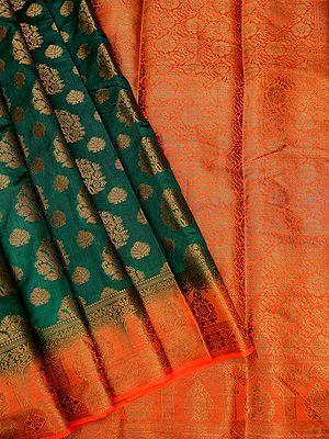 Calico Pattern Banarasi Dupian Silk Saree With Floral Bail On The Pallu