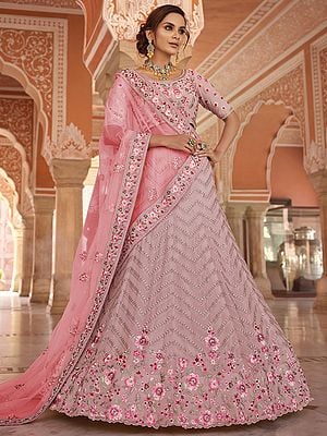 Georgette A-Line Chevron Pattern Lehenga Choli with Zarkan, Zari, Thread Work and Soft Net Dupatta