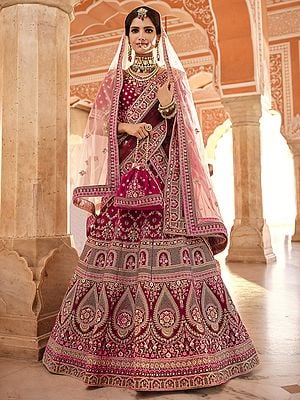 Pink Velvet Bridal Mughal Butta Lehenga Choli With Zari, Zarkan, Thread, Zardozi Work And Soft Net Dupatta