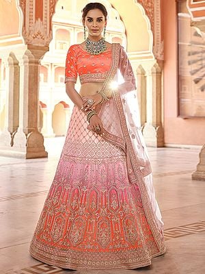 Velvet Ombre Lehenga Choli with Handwork, Thread, Dori, Zarkan Work and Soft Net Dupatta