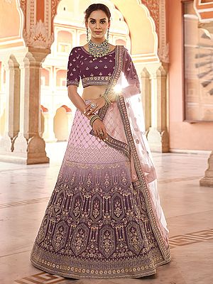 Velvet Ombre Lehenga Choli With Handwork, Thread, Dori, Zarkan Work And Soft Net Dupatta