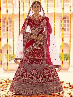 Red Velvet Bridal Lehenga Choli With Peacock-Kali Bail Design Zari, Zarkan, Thread, Zardozi Embroidery And Soft Net Dupattaa