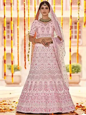 Crepe Anarkali-Bail Motif Lehenga Choli with Sequins, Thread, Zarkan Work and Soft Net Dupatta