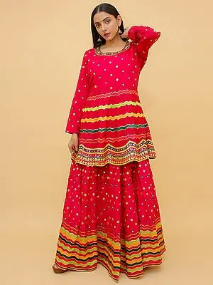Magenta-Pink Art Silk Lehenga Choli with Waves Foil Mirror Embroidery and Plain Tassel Dupatta