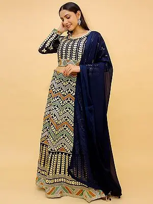 Medieval-Blue Georgette Lehenga Choli with All Over Gota Leaf Design and Plain Tassel Dupatta