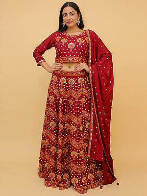 Brick-Red Chinon Lehenga Choli with All Over Zig-Zag Foil Mirror Embroidery and Designer Dupatta