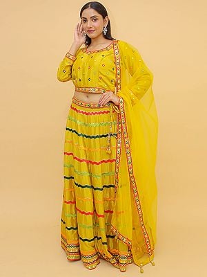 Lemon-Yellow Chinon Lehenga Choli with Stripe Design Foil Mirror Embroidery and Tassel Dupatta