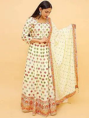 Ivory-Cream Chinon Lehenga Choli with All Over Thread Foil Mirror Embroidery and Designer Dupatta