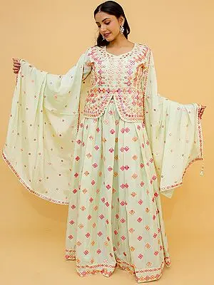Pista-Green Chinon Lehenga with Jacket Style Choli and Thread Foil Mirror Embroidery with Beautiful Dupatta