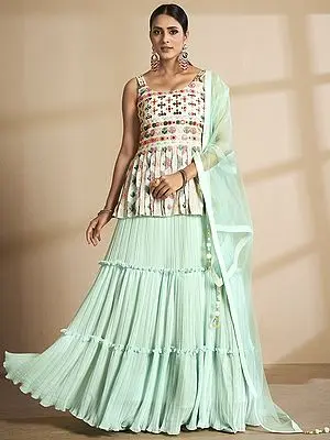 Sea-Green Georgette Peplum Lehenga Choli with Thread Foil Mirror Embroidery and Tassel Dupatta