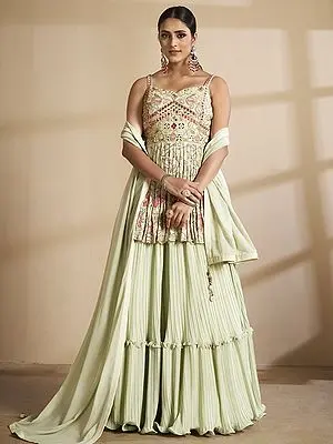Pista-Green Georgette Peplum Lehenga Choli With Off Shoulder Style Choli And Tassel Dupatta