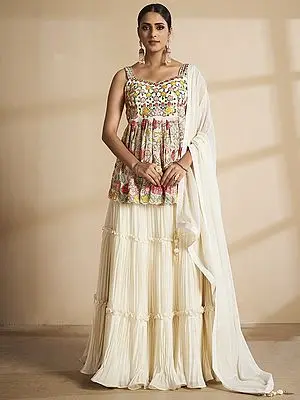 Cream Georgette Peplum Lehenga Choli With Beautiful Embellished Sequins Work And Designer Dupatta