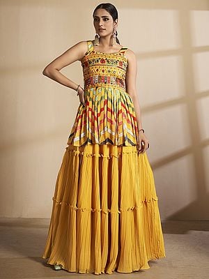 Marigold Georgette Peplum Lehenga Choli With  All Over Zig-Zag Foil Mirror Embroidery And Designer Dupatta