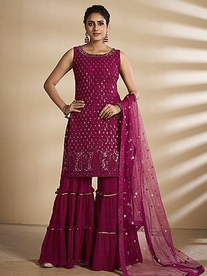 Cherry-Red Georgette Palazzo Pant Salwar Kameez Suit With Embellished Sequins Work And  Slevesless Kameez