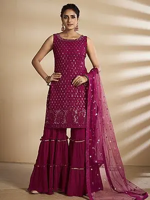 Cherry-Red Georgette Palazzo Pant Salwar Kameez Suit With Embellished Sequins Work And  Slevesless Kameez