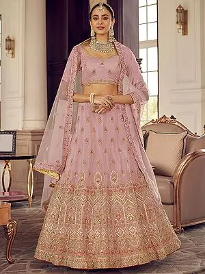 Organza Mughal Meena Motif Embroidered Lehenga Choli with Thread, Gota, Zarkan Work and Soft Net Dupatta