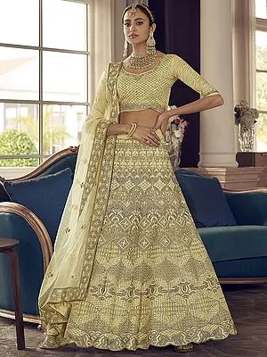 Crepe Designer A-Line Lehenga Choli Embellished with Thread, Zarkan, Zari Work and Soft Net Dupatta