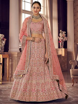 Organza Mughal Meena Motif Lehenga Choli With Beautiful Thread, Gota, Zarkan Embroidery And Pink Soft Net Dupatta