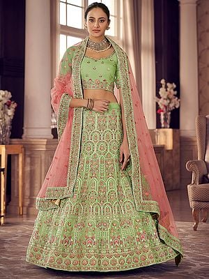 Organza Mughal Meena Motif Lehenga Choli With Beautiful Thread, Gota, Zarkan Embroidery And Pink Soft Net Dupatta