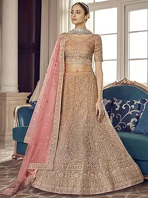 Organza Floral Bail Butta Lehenga Choli with Thread, Zari, Zarkan Embroidery and Soft Net Dupatta