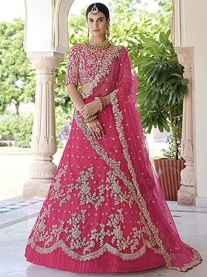 Pink Soft Net Ruffle Hem Lehenga Choli With Floral Dori-Sequins Embroidery And Dupatta