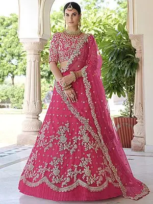 Pink Soft Net Ruffle Hem Lehenga Choli with Floral Dori-Sequins Embroidery and Dupatta