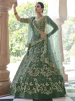 Rama-Green Soft Net Floral Bail Pattern Ruffle Lehenga Choli with Dori-Sequins Work and Scalloped Dupatta