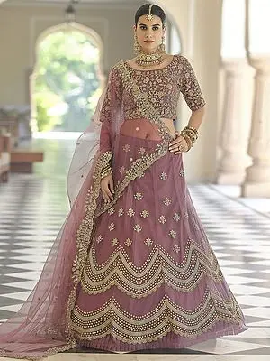 Mauve Soft Net Dori-Sequins Scallop Pattern Embroidered Ruffle Lehenga with Bail Motif Choli and Designer Dupatta