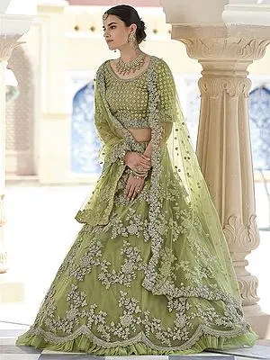 Olive-Green Soft Net Pleated Ruffle Hem Lehenga Choli with Floral Dori-Sequins Embroidery and Dupatta