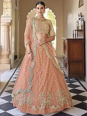 Peach Soft Net Chowkadi Motif Lehenga with Bail Butta Dori-Sequins Work Choli and Scalloped Panelled Dupatta