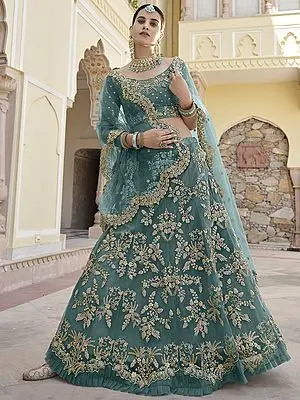 Green Soft Net Pleated Ruffle Hem Floral Motif Lehenga Choli with Dori-Sequins Work and Scalloped Dupatta
